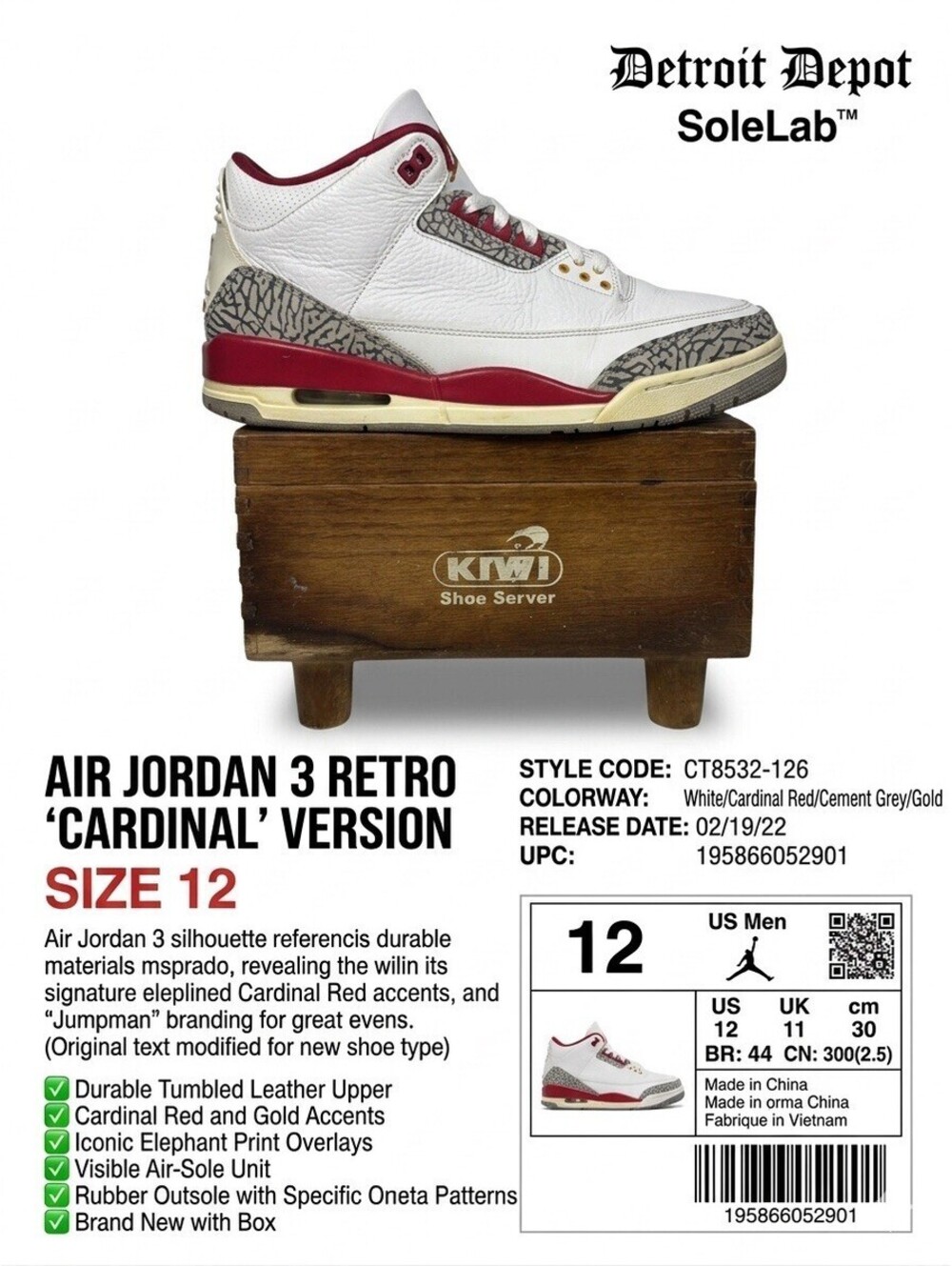 Nike Air Jordan 3 Retro Cardinal Red Shoes Men's Size 12 Sneakers CT8532-126